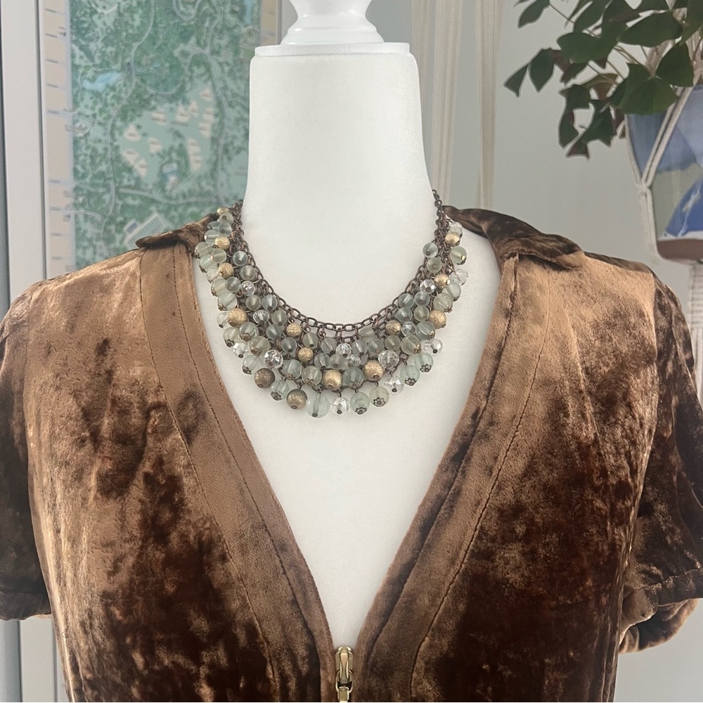 Elegant Gold, light blue, and crystal Beaded Necklace